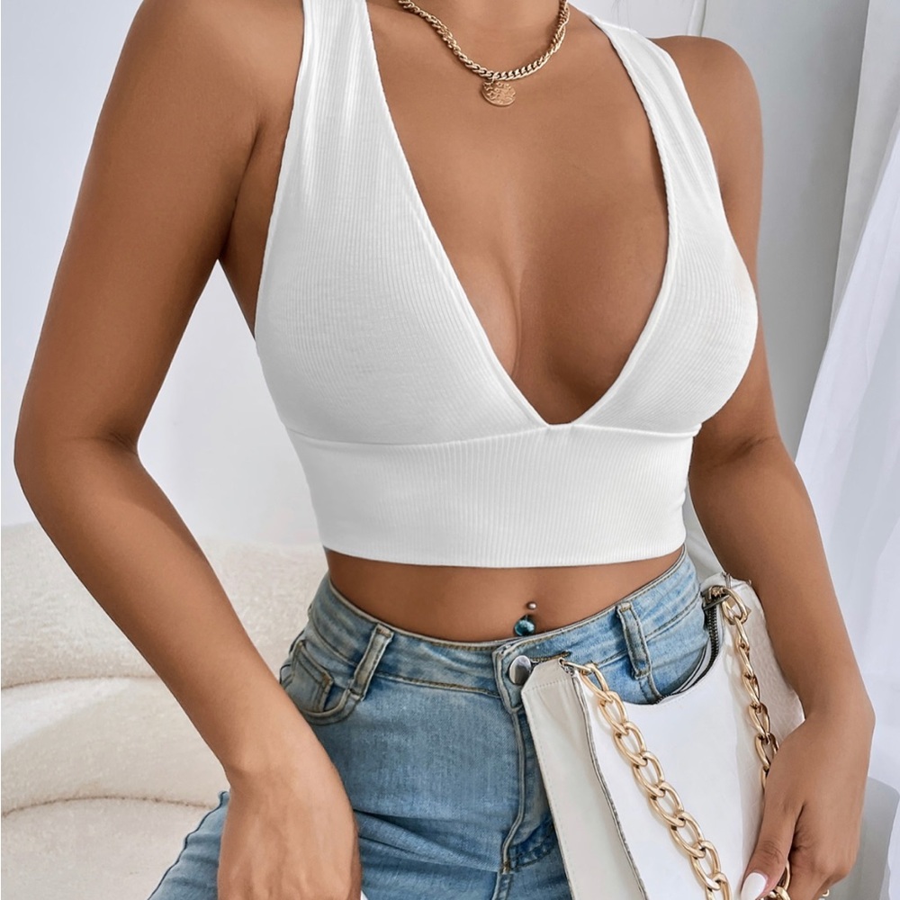 SHEIN - Rib Knit Crisscross CropTop